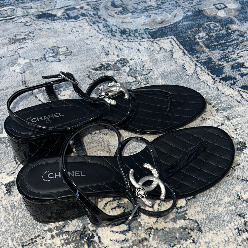Chanel Black and Silver Strappy Sandals Size 42